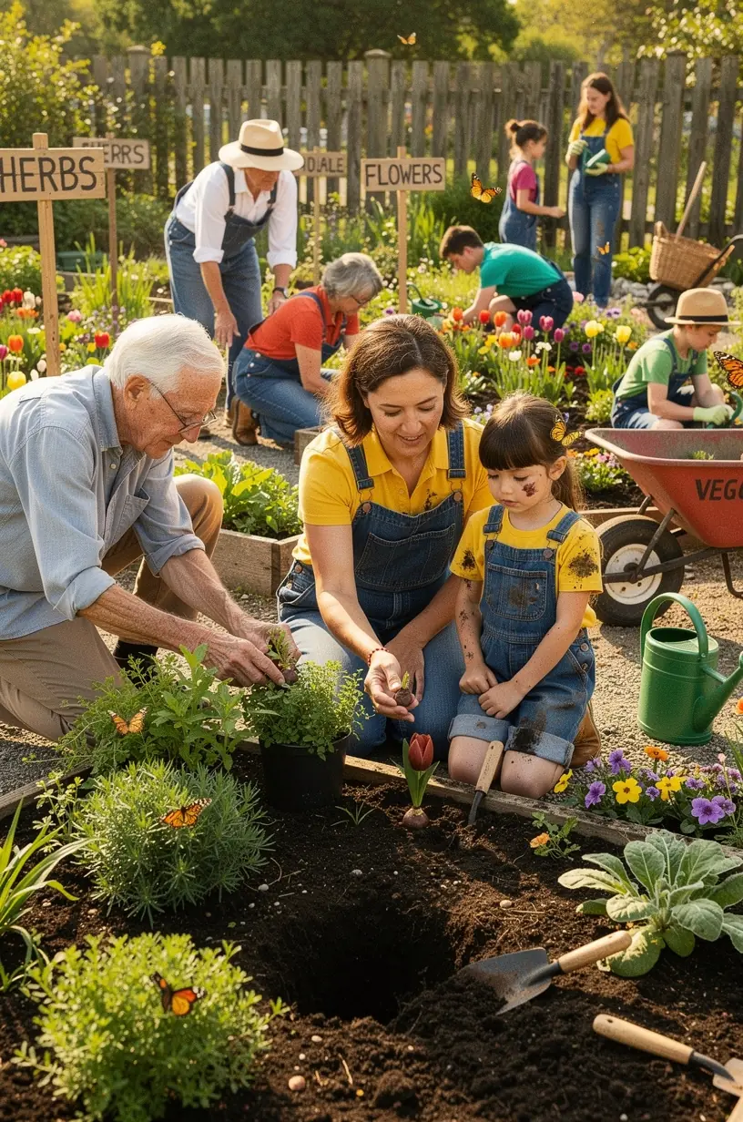 Community gardening club members sharing plants and knowledge.