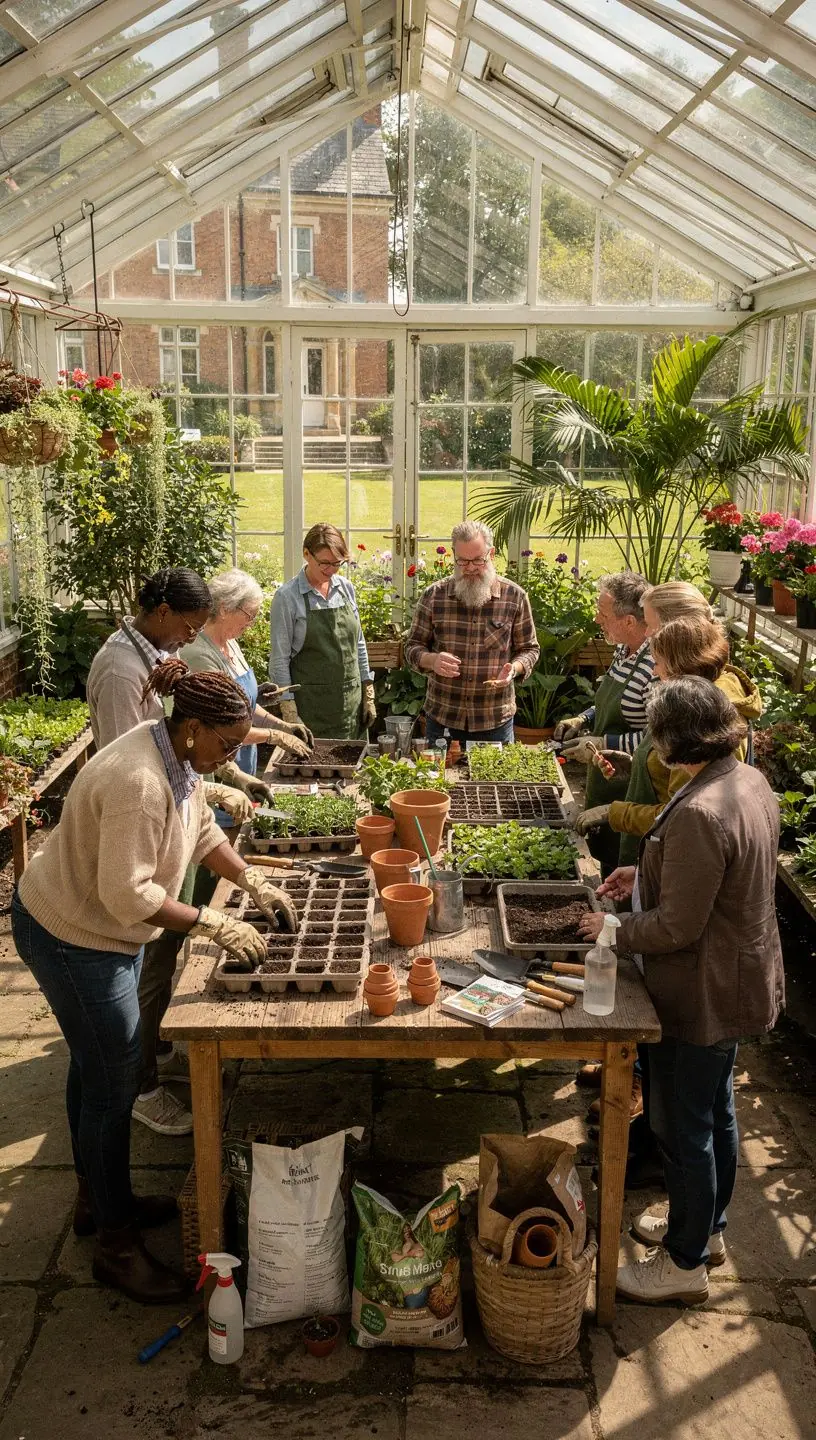 Gardening workshop with enthusiasts exchanging plant ideas