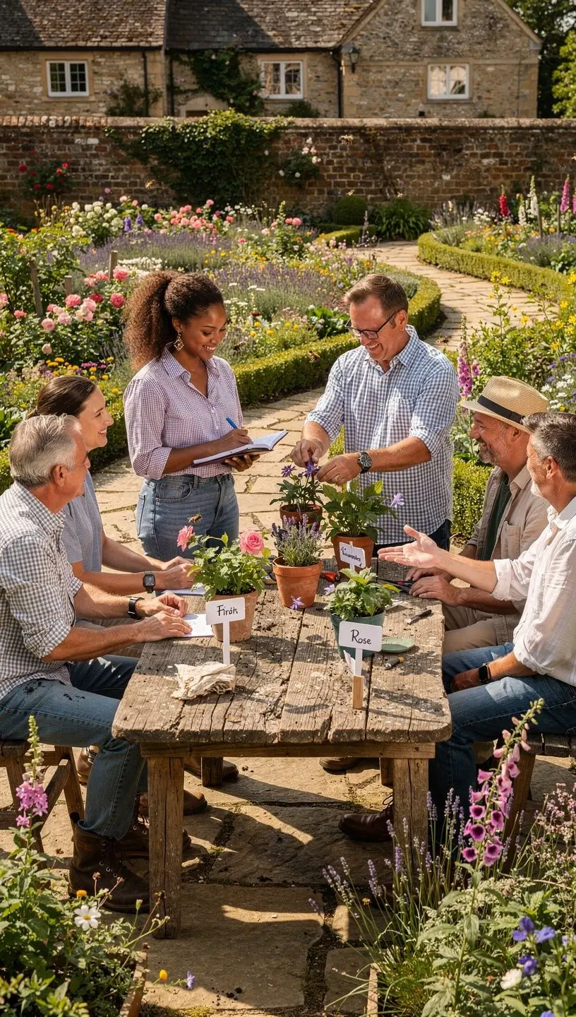 Local gardening group members exchanging plants and ideas.
